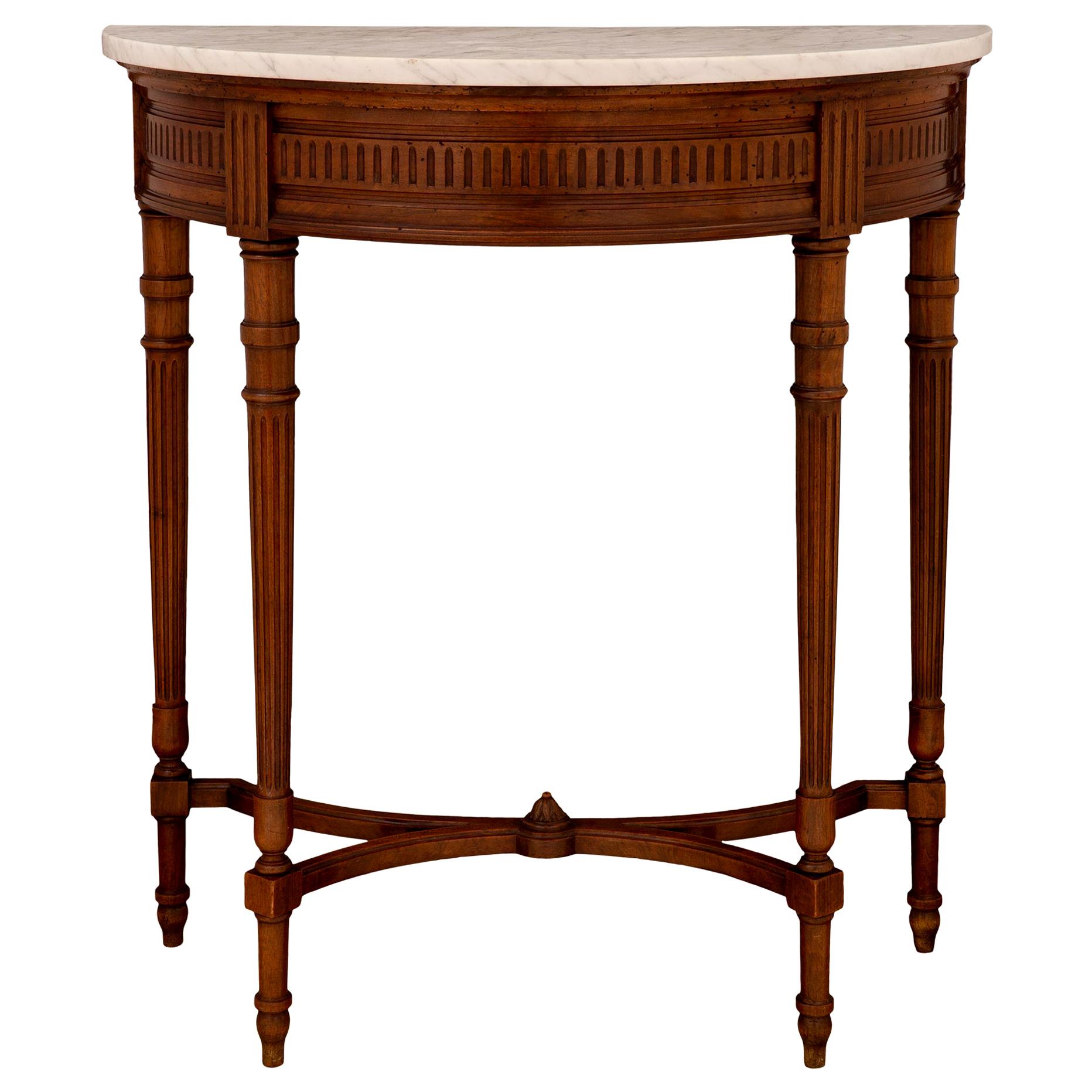 French 19th Century Louis XVI Style Walnut and Marble Demilune Console