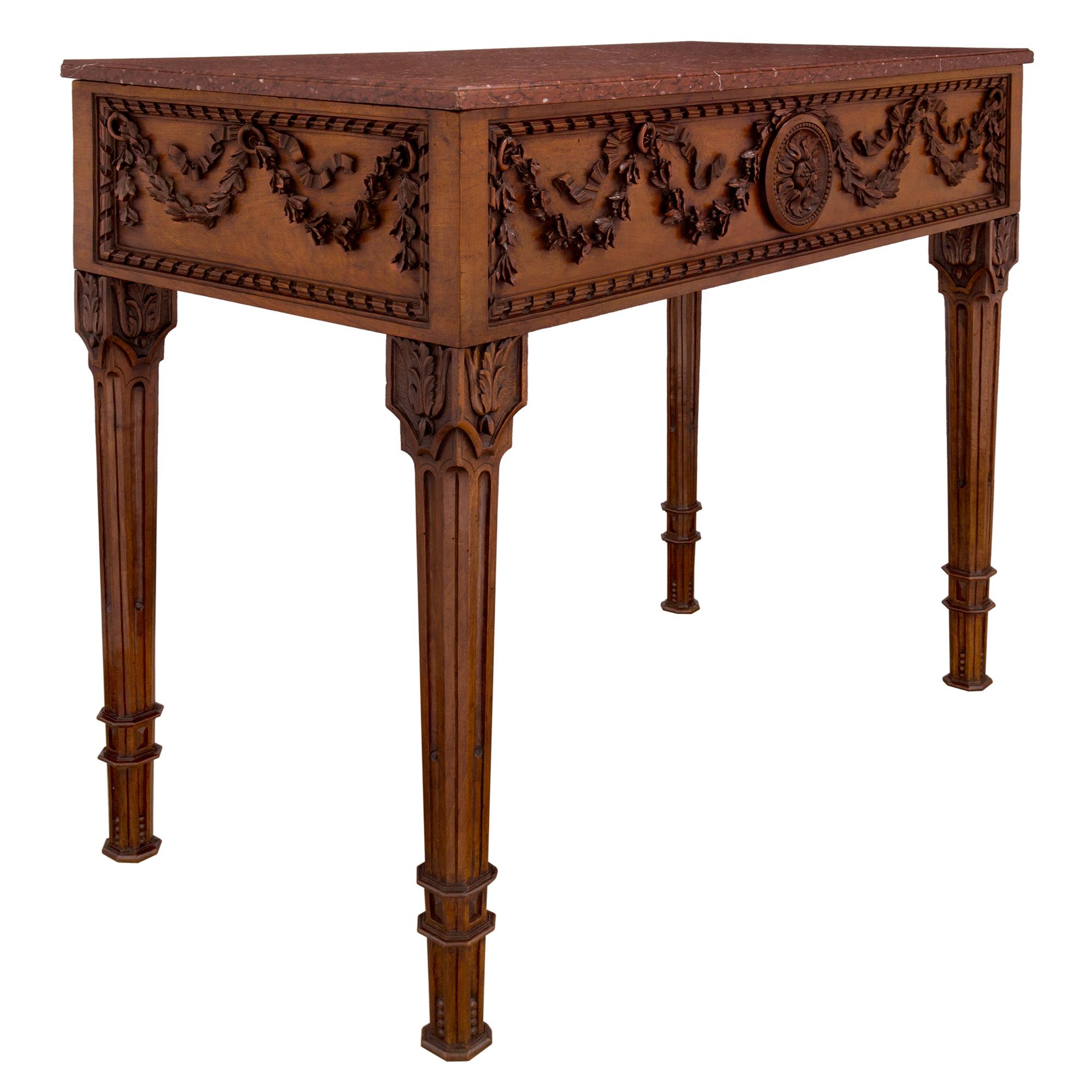 French 19th Century Louis XVI Style Walnut and Rouge Griotte Marble Console In Good Condition For Sale In West Palm Beach, FL