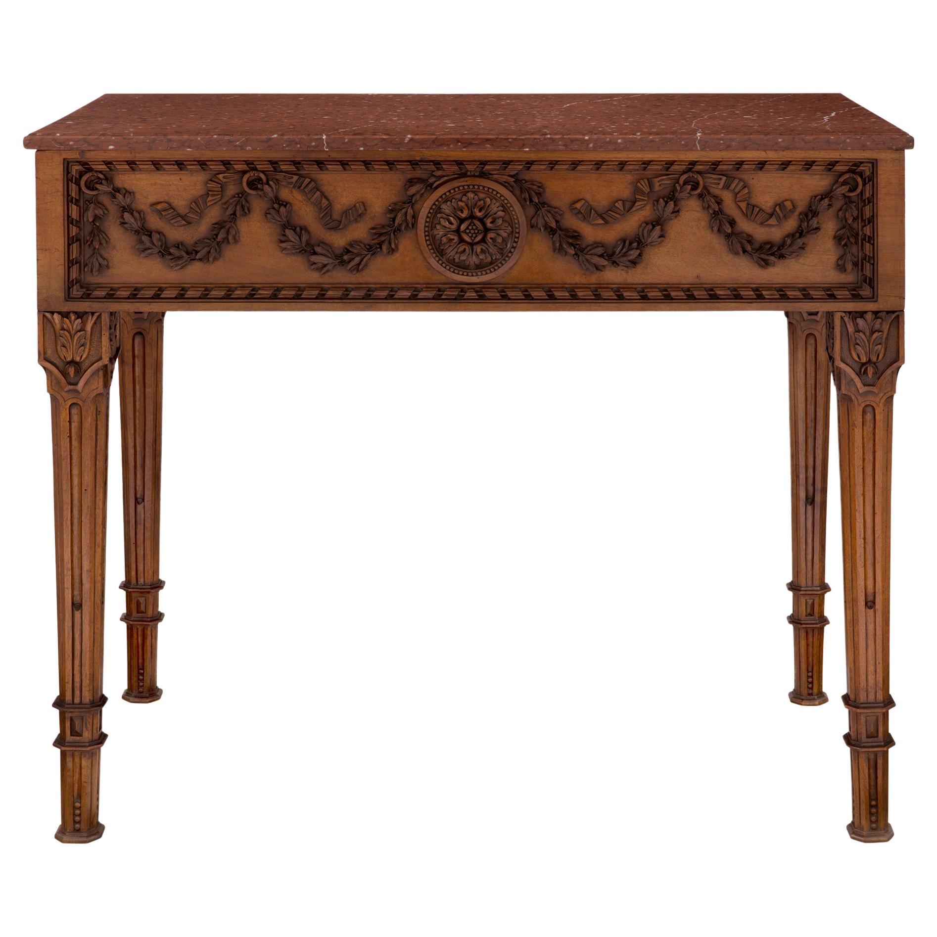 French 19th Century Louis XVI Style Walnut and Rouge Griotte Marble Console For Sale