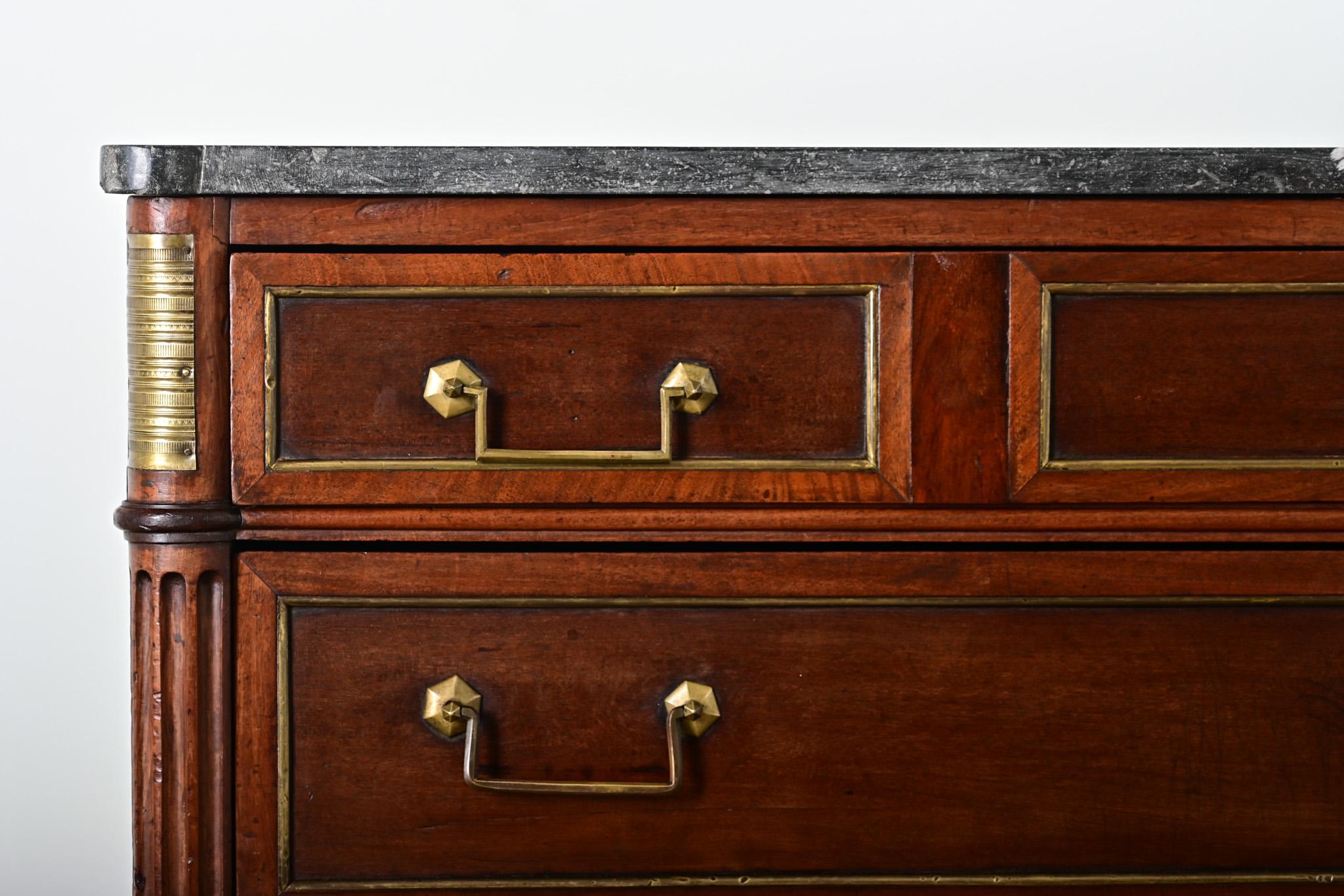 Carved French 19th Century Louis XVI Style Walnut & Marble Commode For Sale