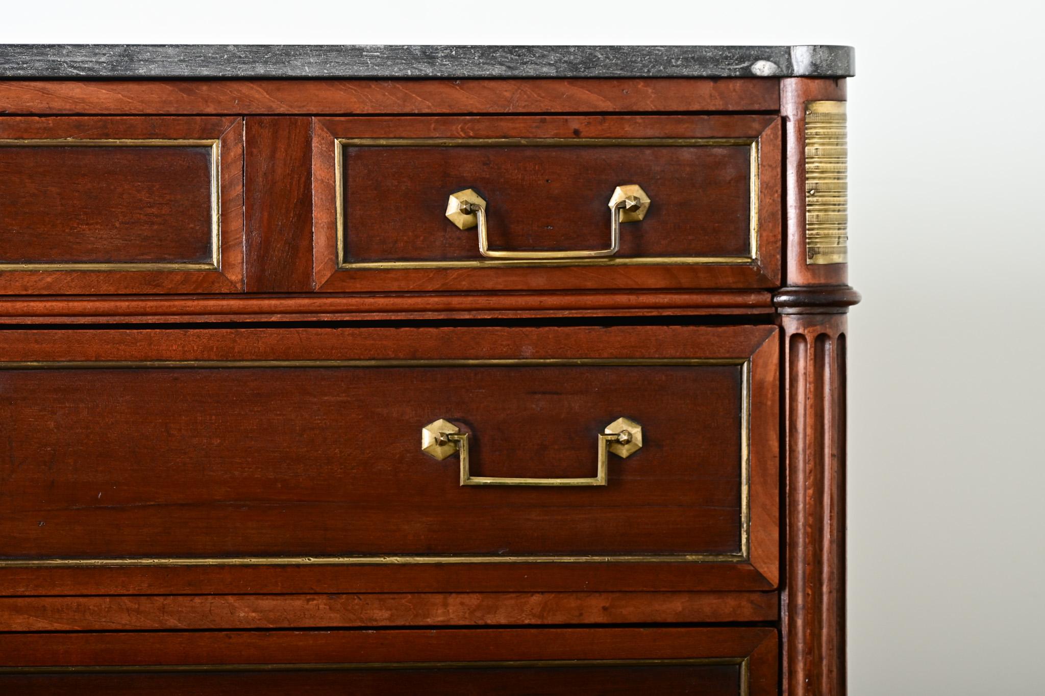 Brass French 19th Century Louis XVI Style Walnut & Marble Commode For Sale