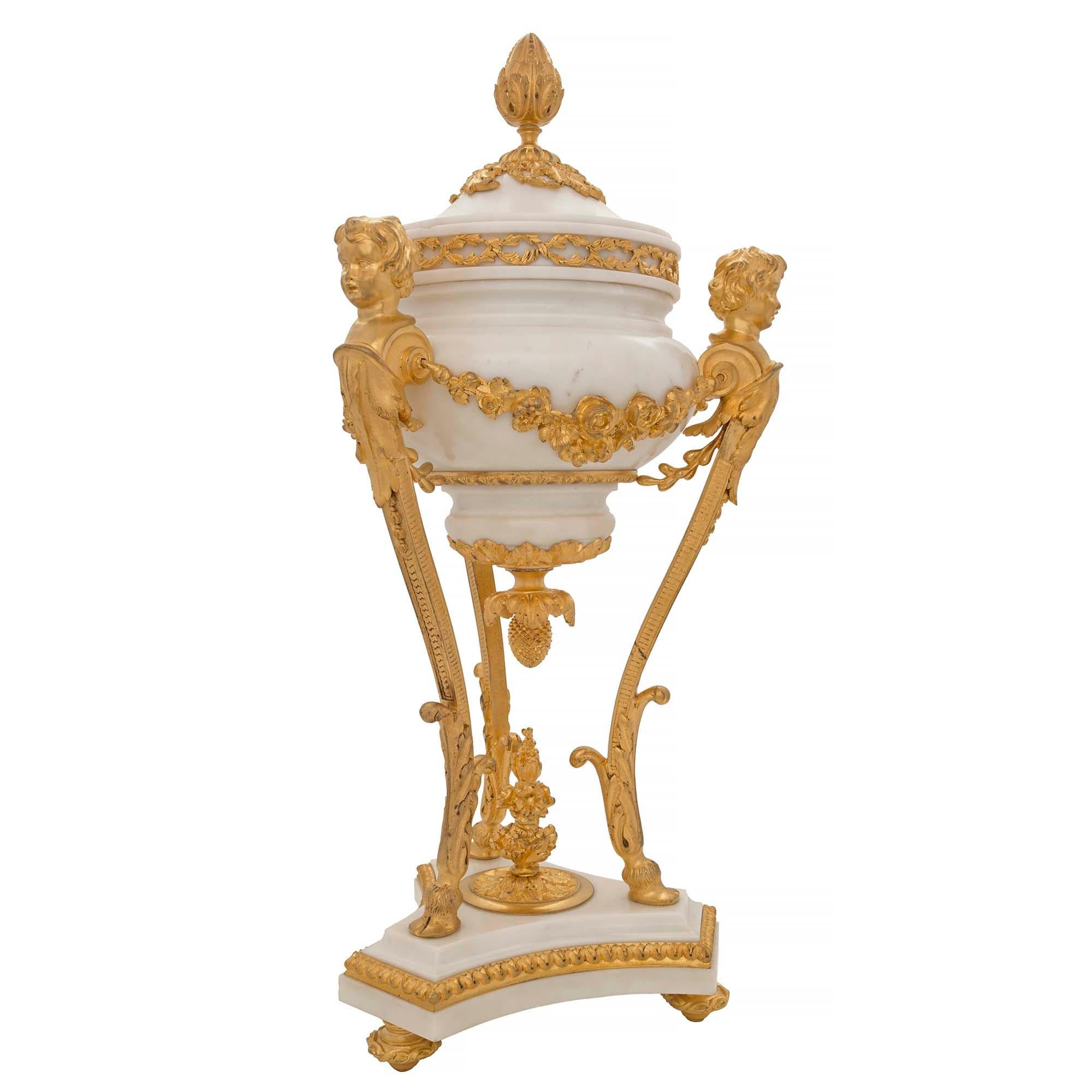 French 19th Century Louis XVI Style White Carrara and Ormolu Lidded Urn For Sale 1