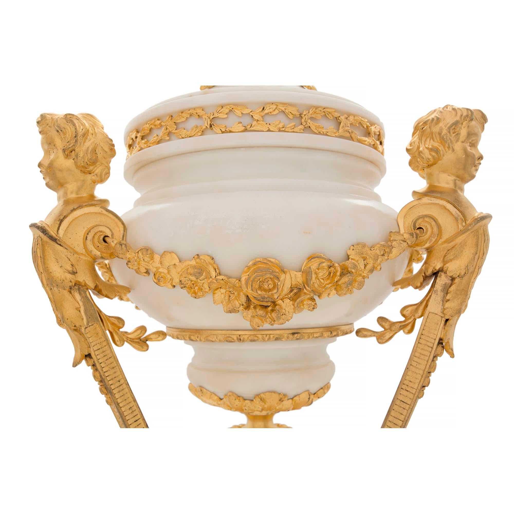 French 19th Century Louis XVI Style White Carrara and Ormolu Lidded Urn For Sale 3