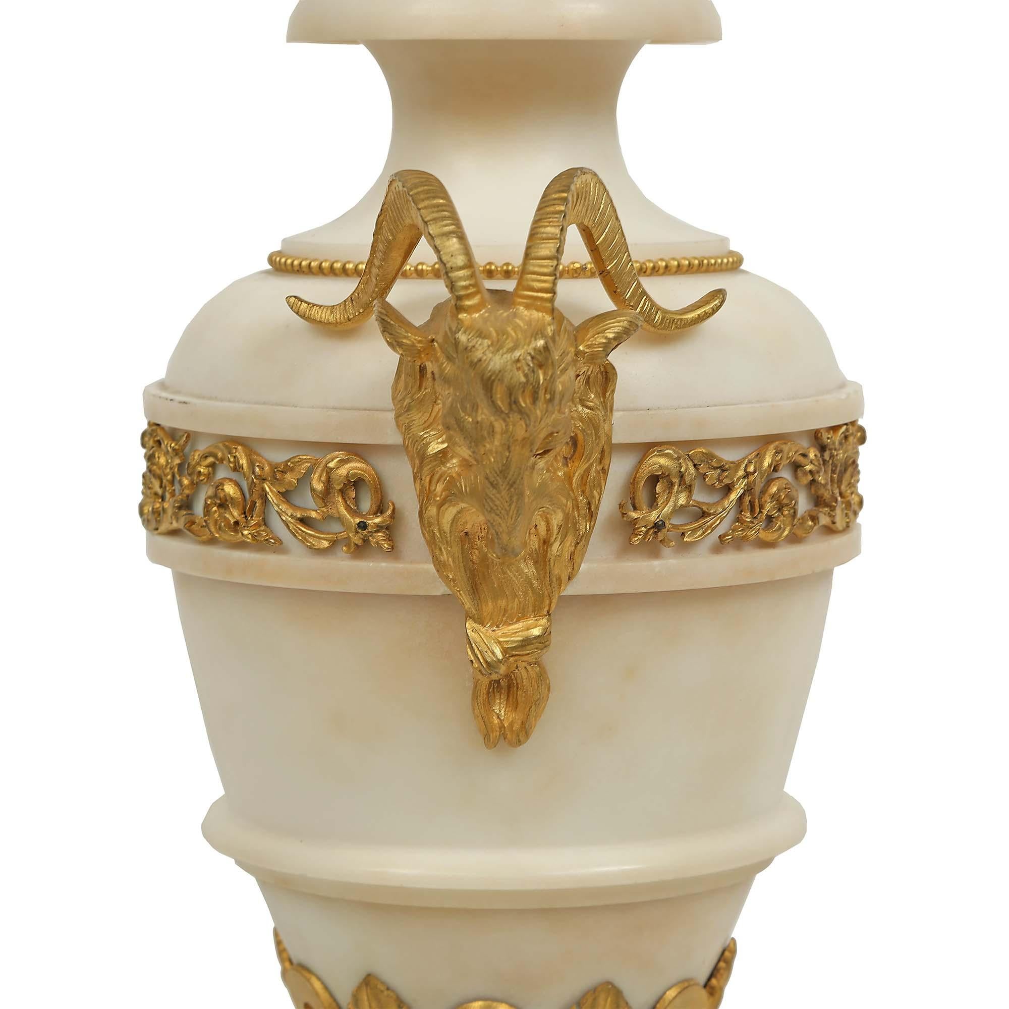 French 19th Century Louis XVI Style White Carrara Marble and Ormolu Urns For Sale 2