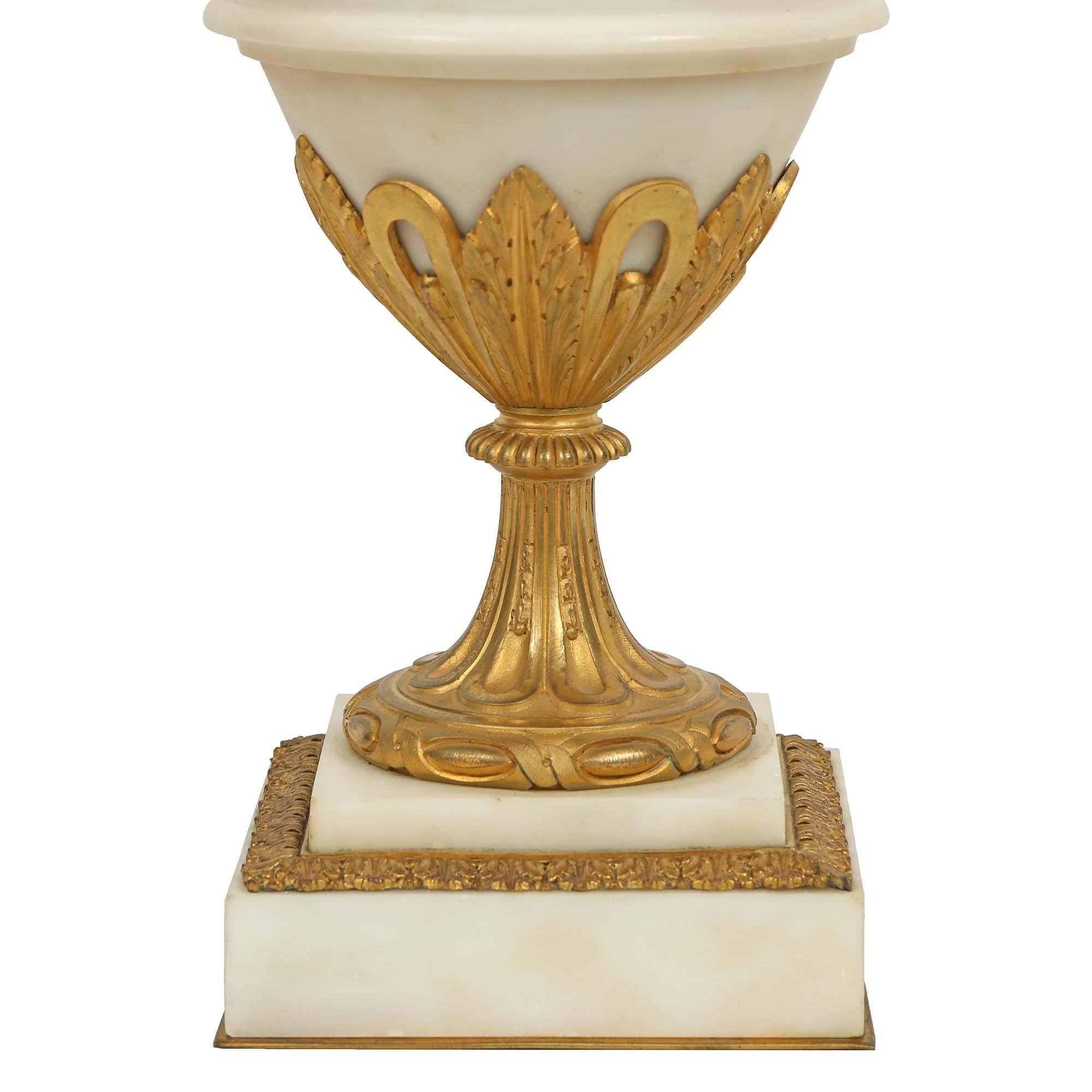 French 19th Century Louis XVI Style White Carrara Marble and Ormolu Urns For Sale 4