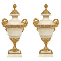 Antique French 19th Century Louis XVI Style White Carrara Marble and Ormolu Urns