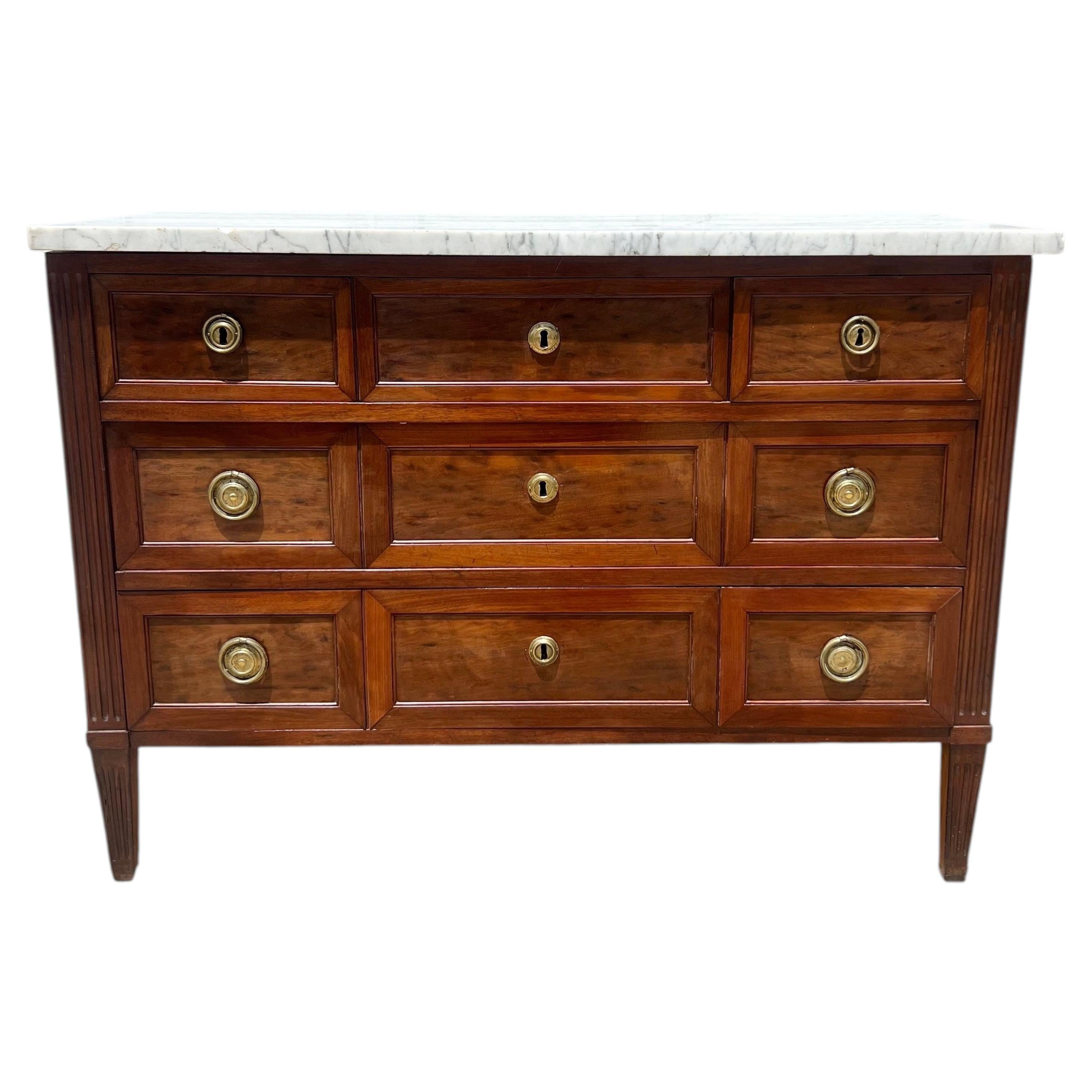 French 19th Century Louis XVI Walnut Carrara Marble Top Chest of Drawers
