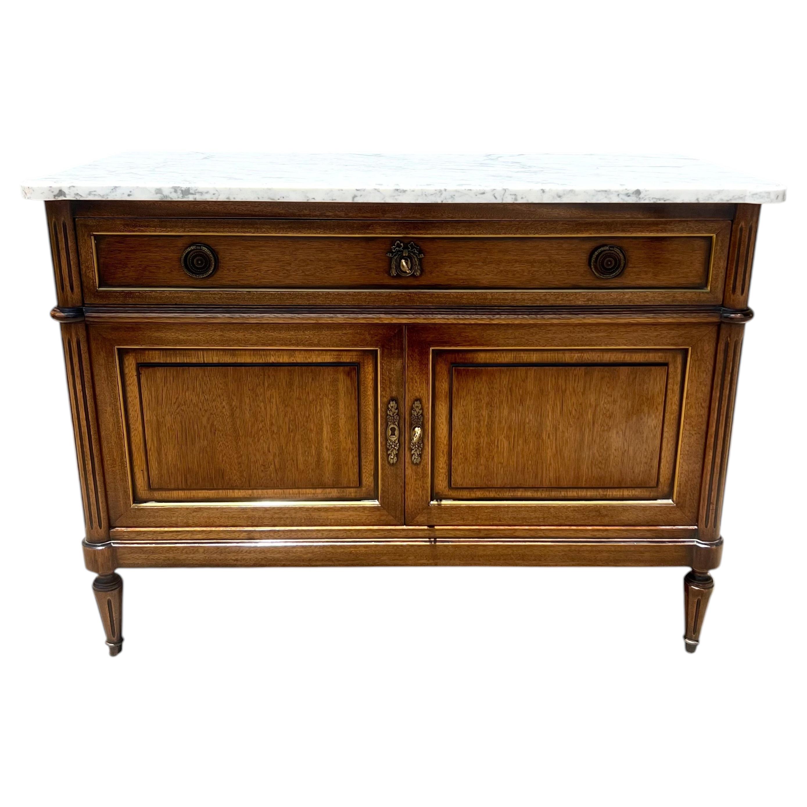 French 19th Century Louis XVI Walnut Carrara Marble Top Two Door Buffet For Sale