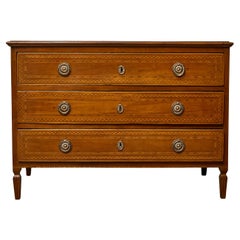 French 19th Century Louis XVI Walnut Commode with Marquetry and Brass Pulls