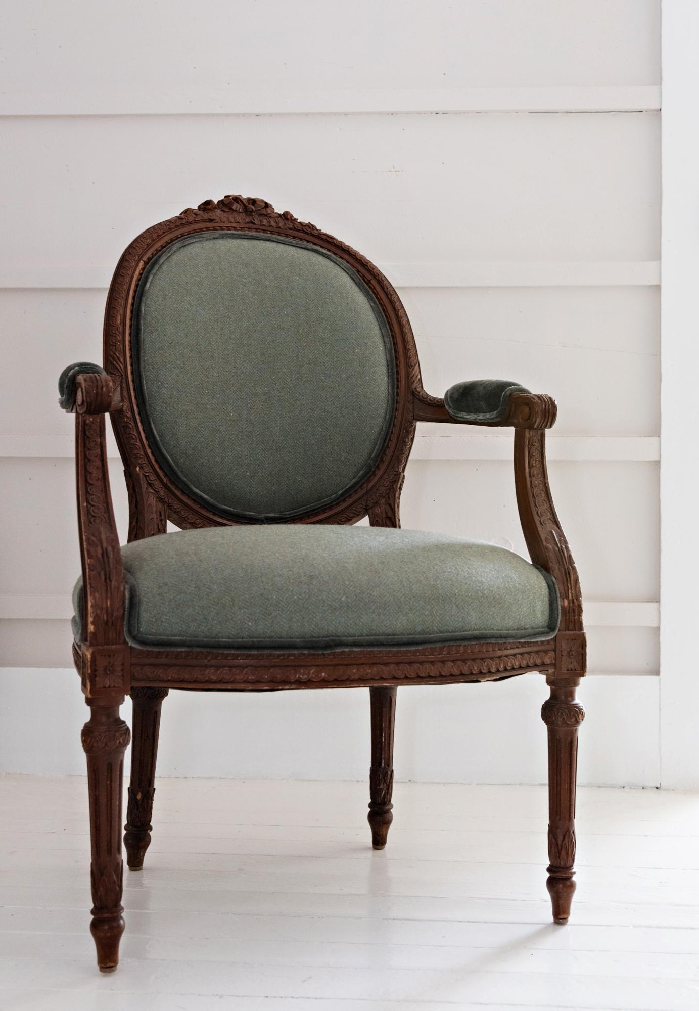 Carved French, 19th Century Louis XVI Walnut Fauteuil For Sale