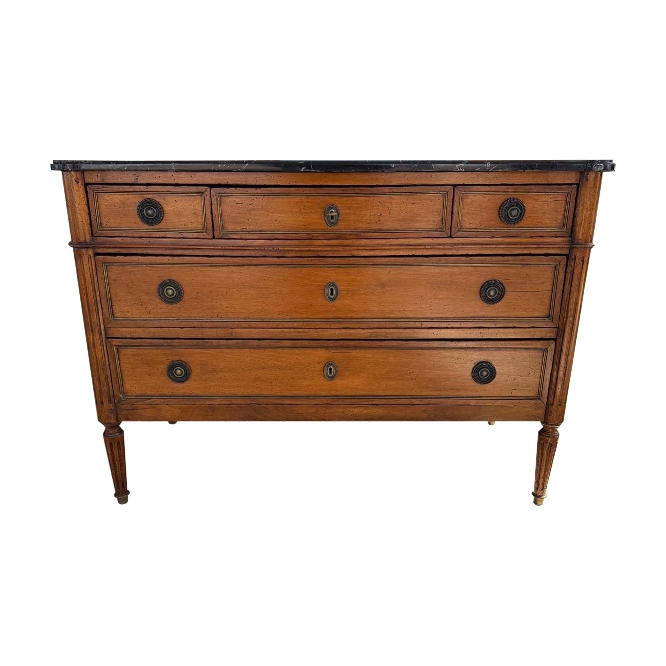 French 19th Century Louis XVI Walnut Marble Top Chest / Commode