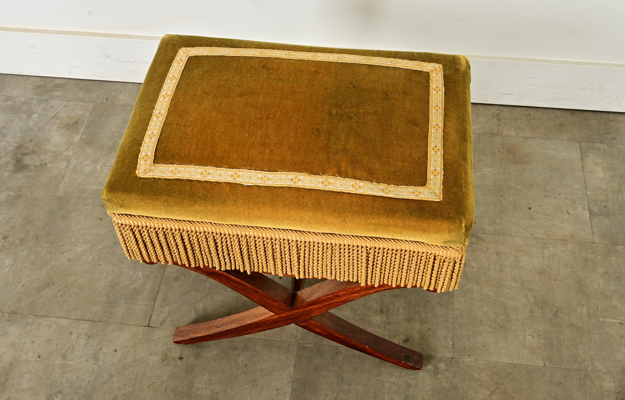 Carved French 19th Century Mahogany and Velvet Footstool