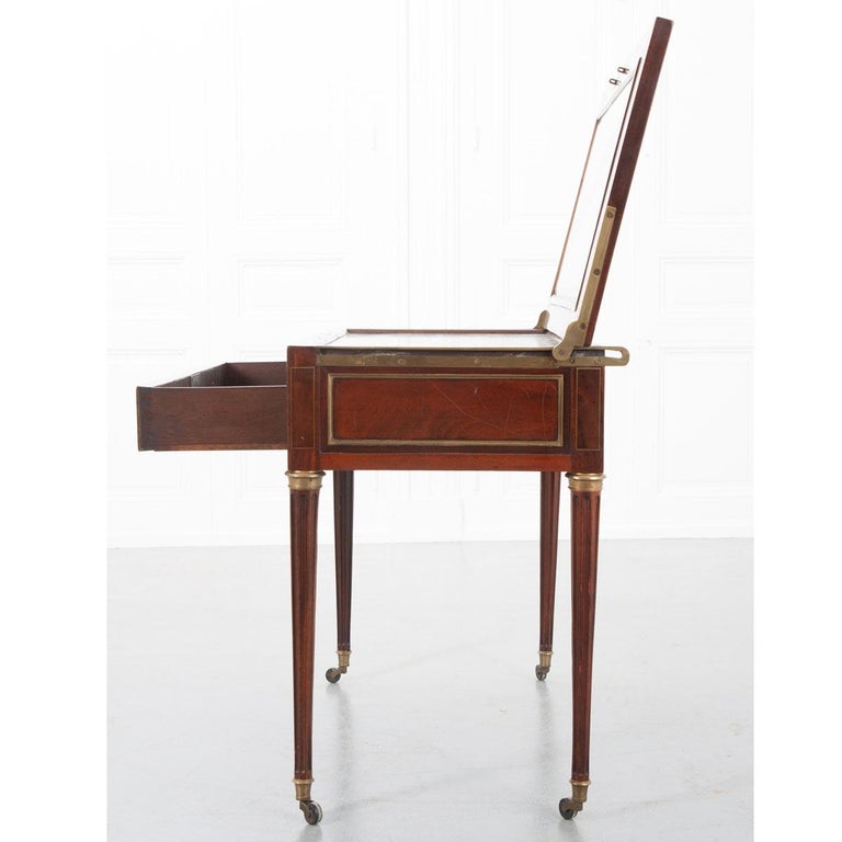 French 19th Century Mahogany Campaign Style Lift Top Dressing Table