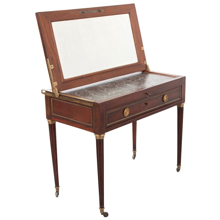 French 19th Century Mahogany Campaign Style Lift Top Dressing Table