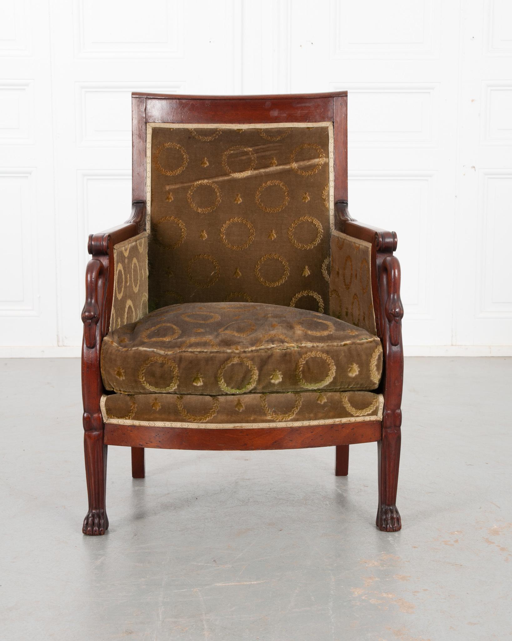 Hand-Carved French 19th Century Mahogany Col De Cygne Bergere
