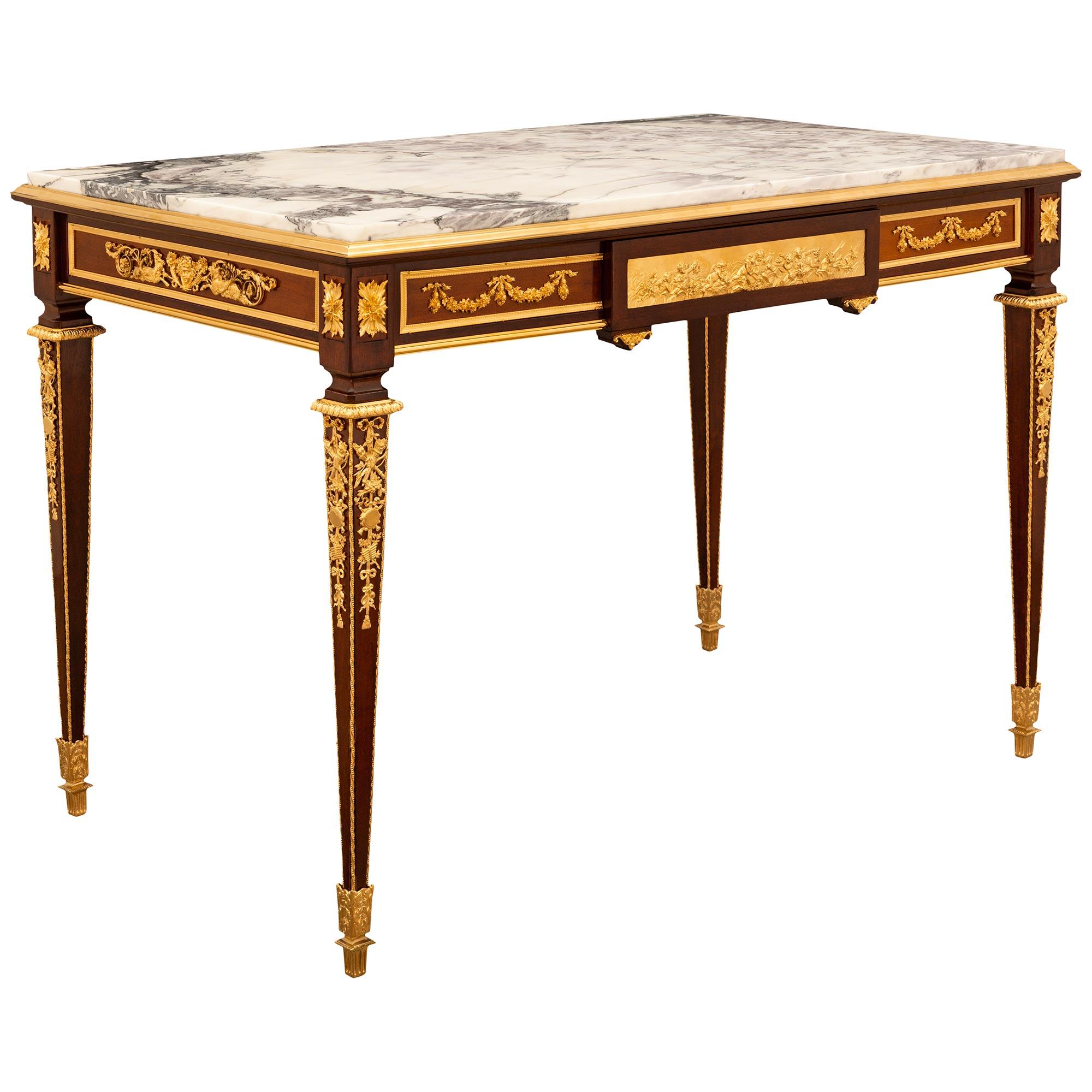 Belle Époque French 19th century Mahogany, Ormolu and marble desk, attr. F. Linke For Sale
