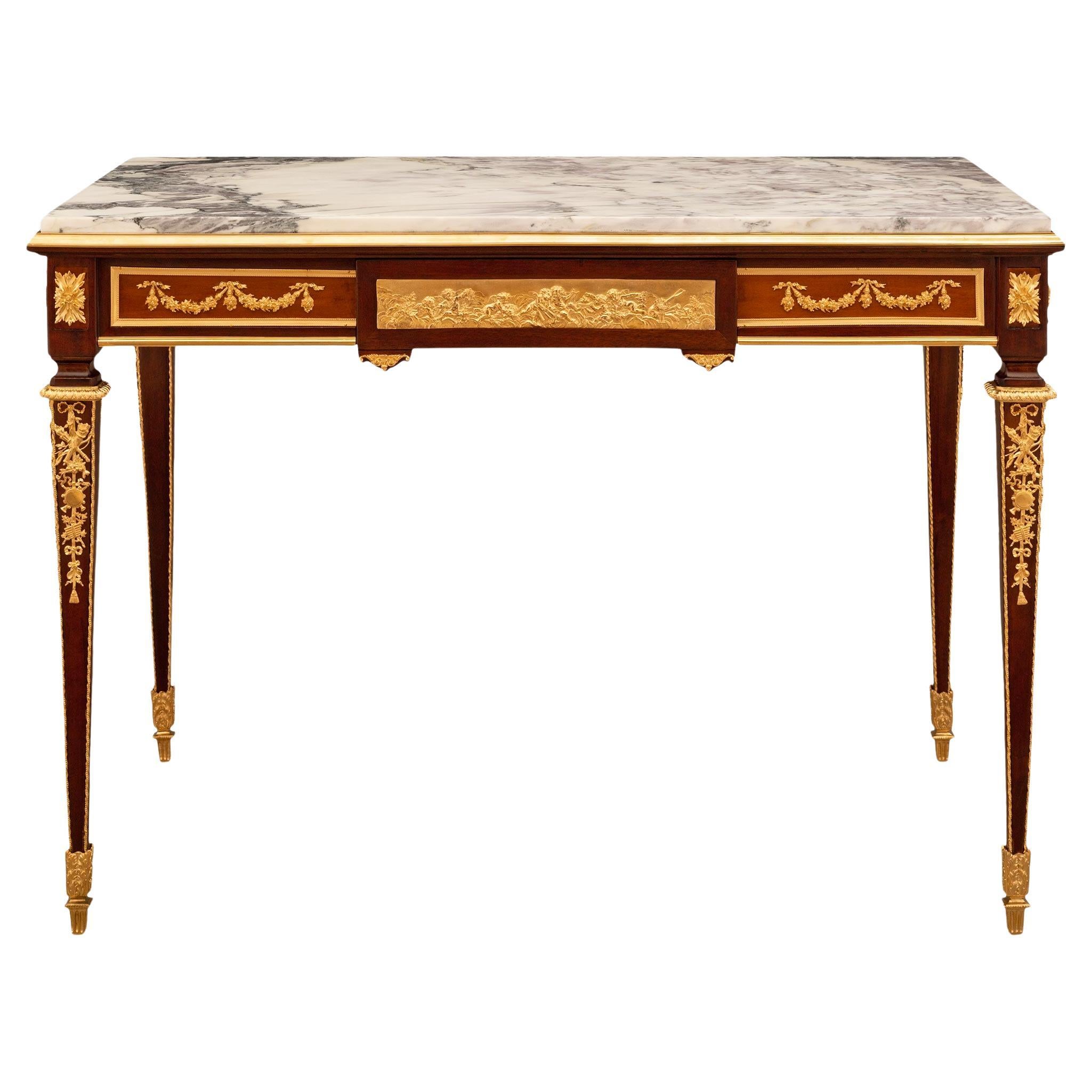 French 19th century Mahogany, Ormolu and marble desk, attr. F. Linke For Sale