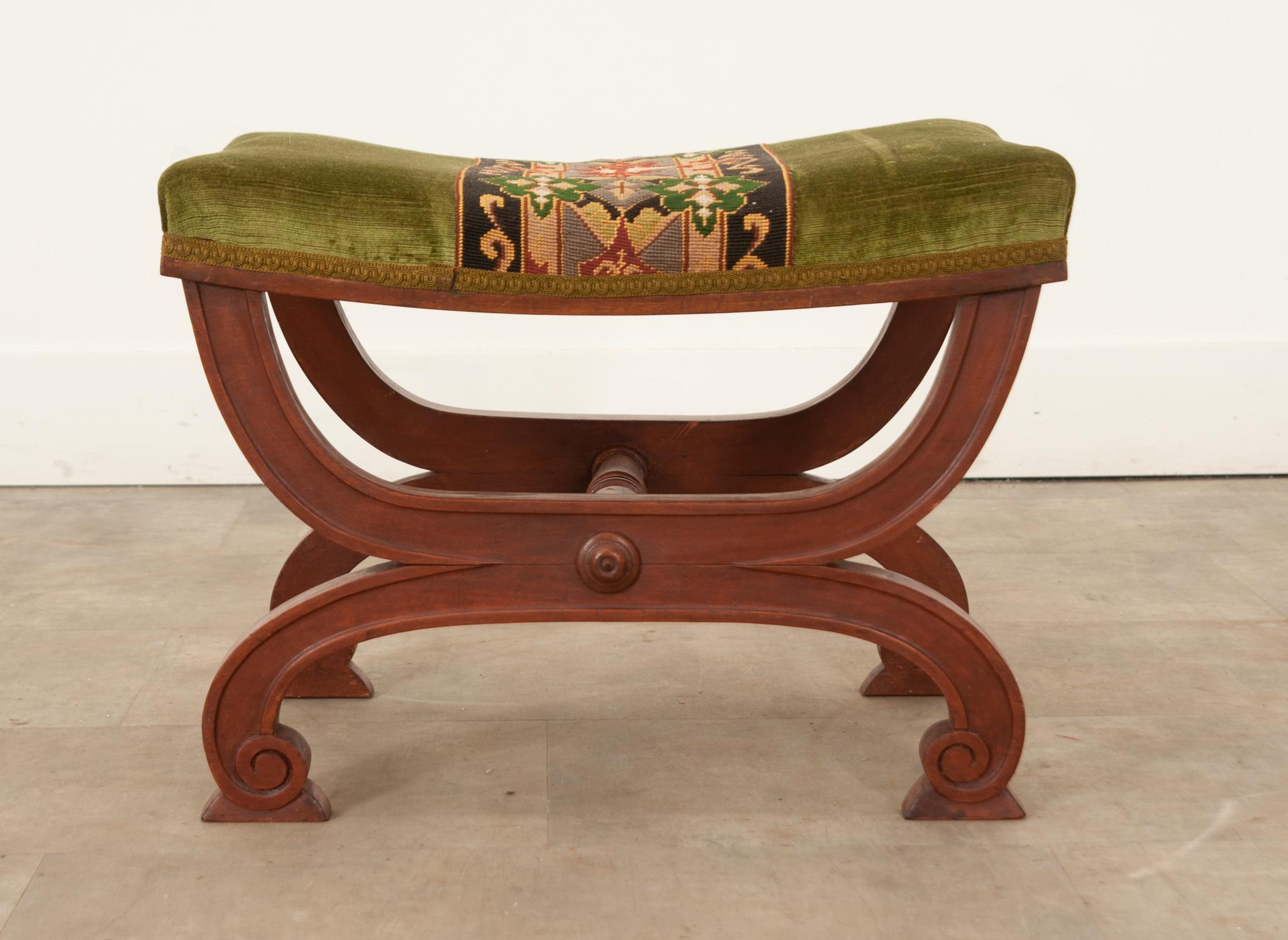 Hand-Carved French 19th Century Mahogany Stool with X Base