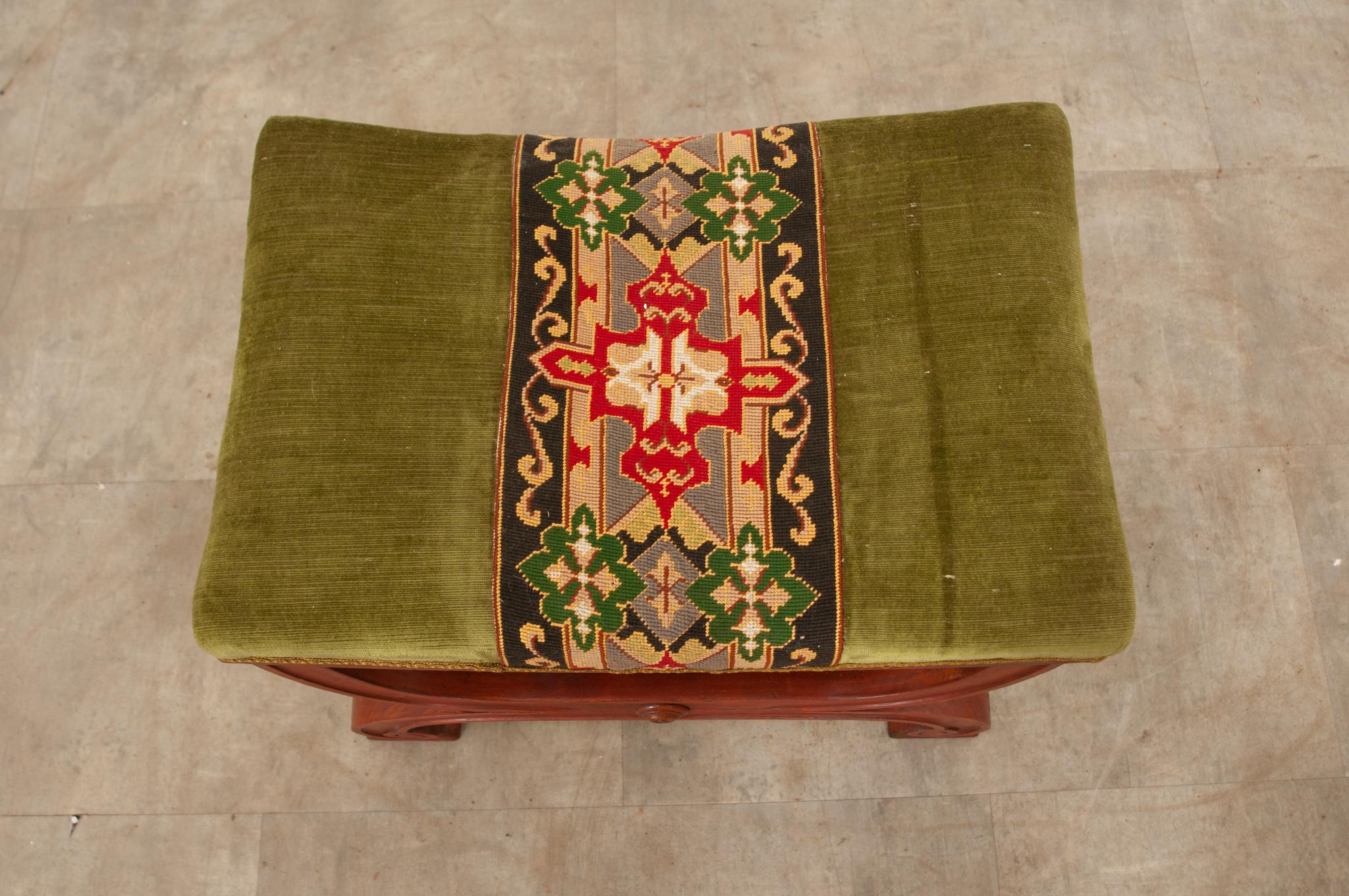 Velvet French 19th Century Mahogany Stool with X Base