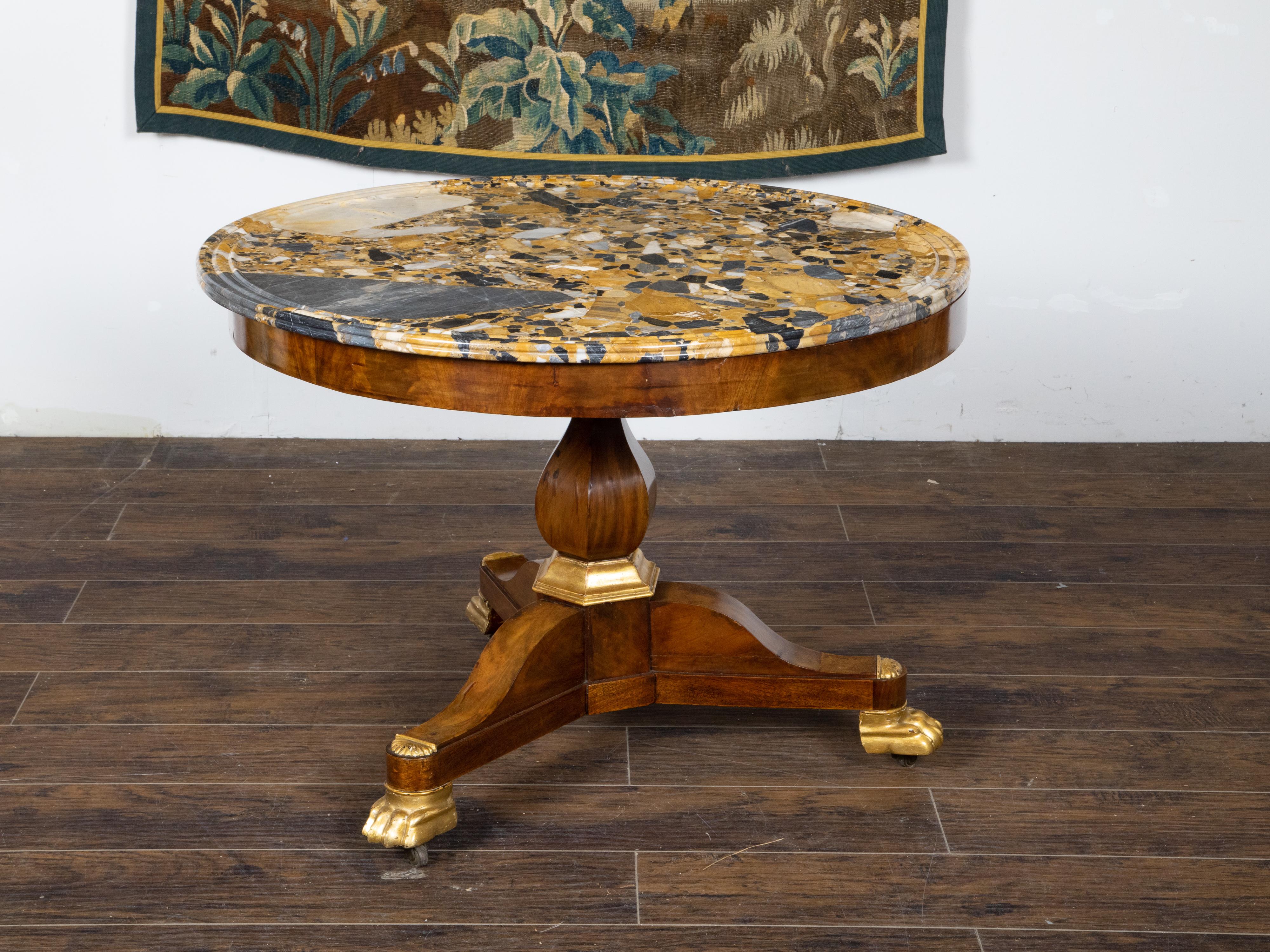 Napoleon III French 19th Century Mahogany Table with Marble Top and Carved Giltwood Feet For Sale