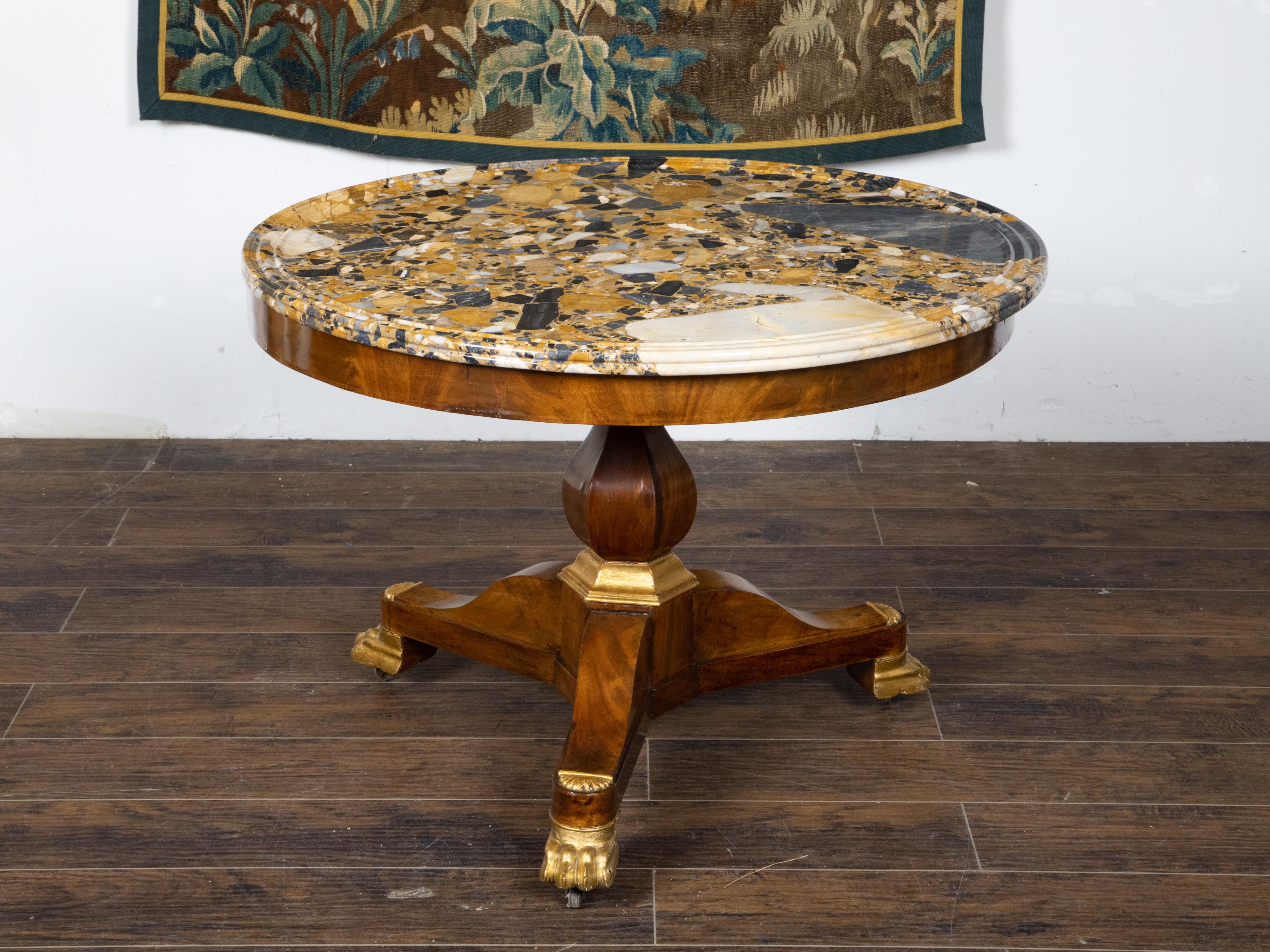 French 19th Century Mahogany Table with Marble Top and Carved Giltwood Feet For Sale 1