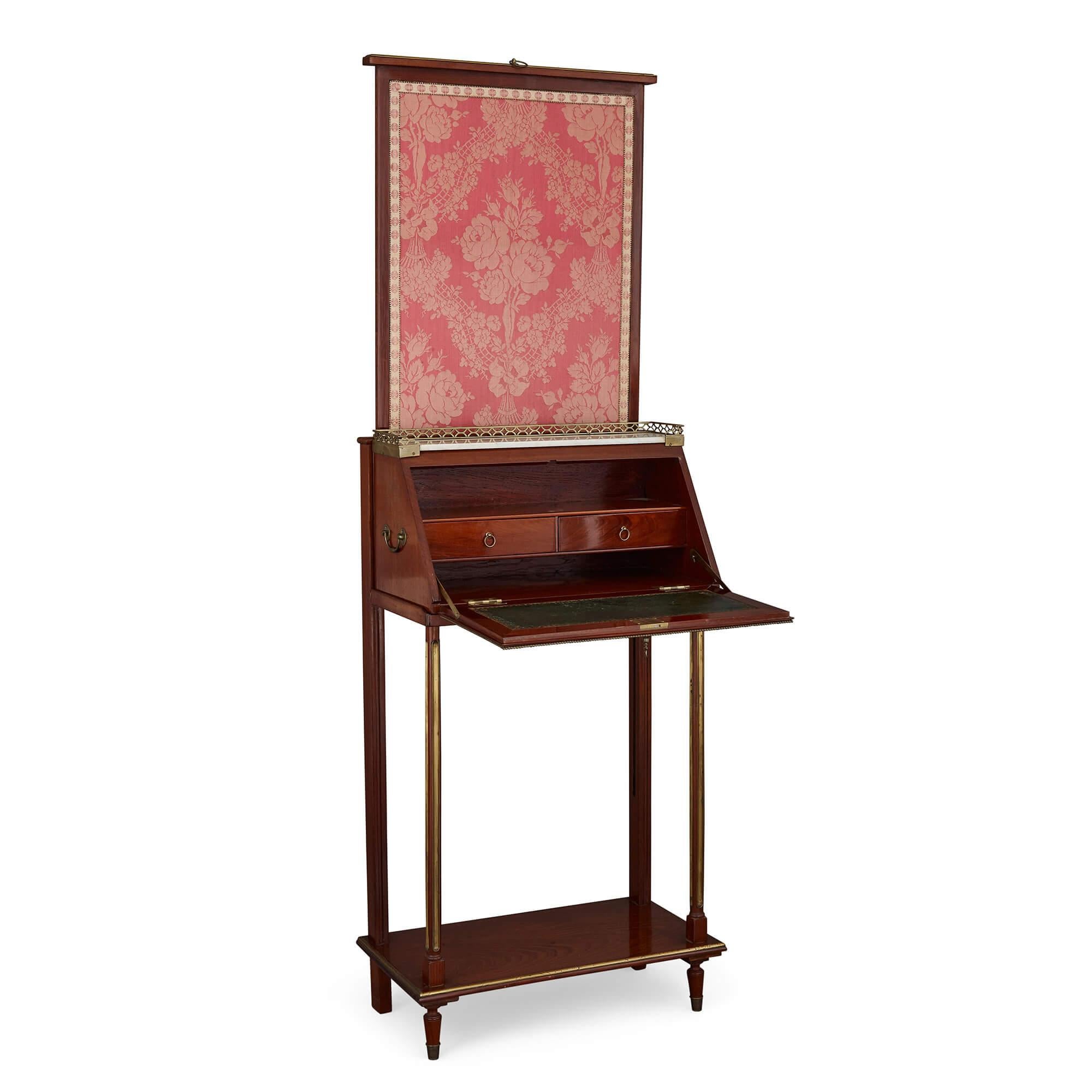 French 19th century mahogany travel writing desk
French, 19th century
Measures: Height 94cm, width 53cm, depth 18cm

This fine and delicate desk exhibits a striking level of craftsmanship. The reverse of the desk features a rectangular screen