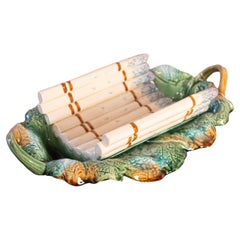 French 19th Century Majolica Asparagus Serving Tray with Oval Foliage Plate