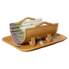 Used French 19th Century Majolica Asparagus Tray with Cradle and Wicker Motif
