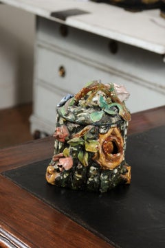 French 19th Century Majolica Barbotine Lidded Vase with Flowers and Bird's Nest