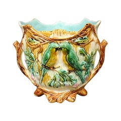 French 19th Century Majolica Cache-Pot with Parrots, Faux-Bois and Foliage Decor