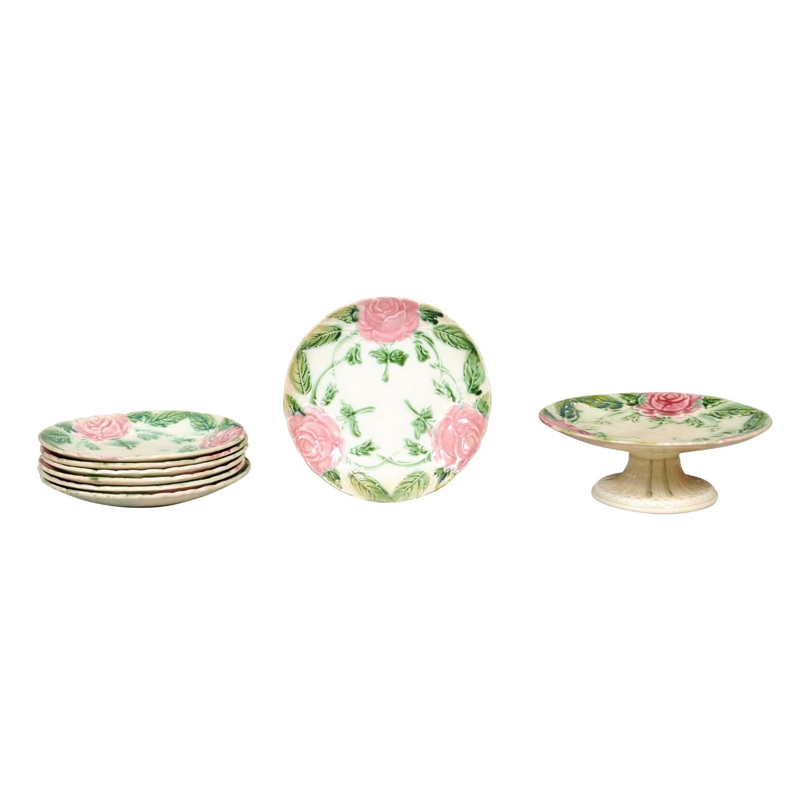 French 19th Century Majolica Compote and Plates with Roses, Sold Individually