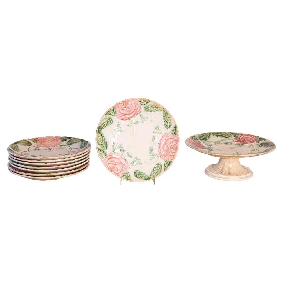French Majolica Compote with Pansies and Scalloped Edge from the 19th ...