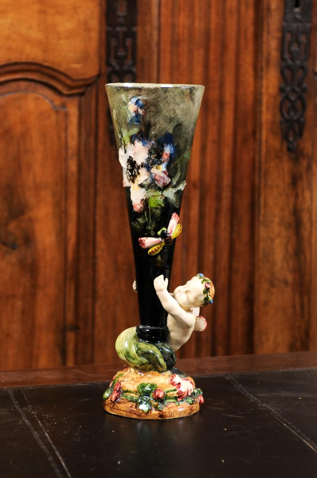 French 19th Century Majolica Flower Vase from Montigny-sur-Loing with Cherub 6