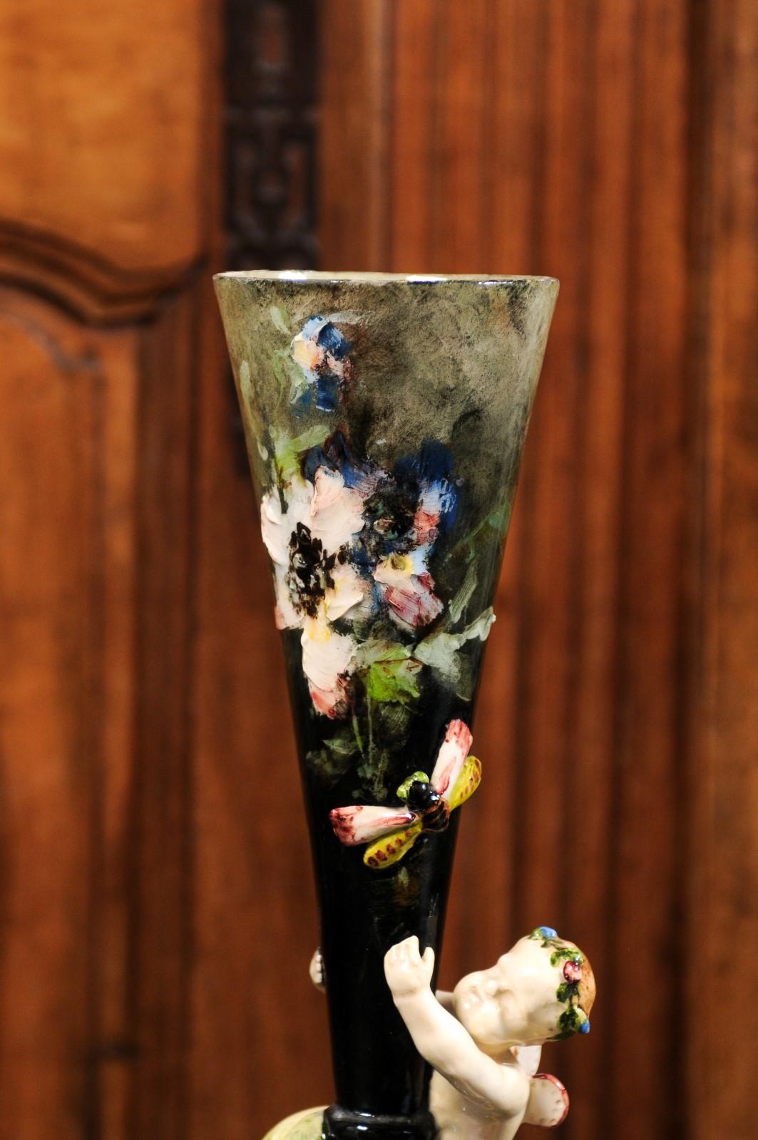 French 19th Century Majolica Flower Vase from Montigny-sur-Loing with Cherub 7