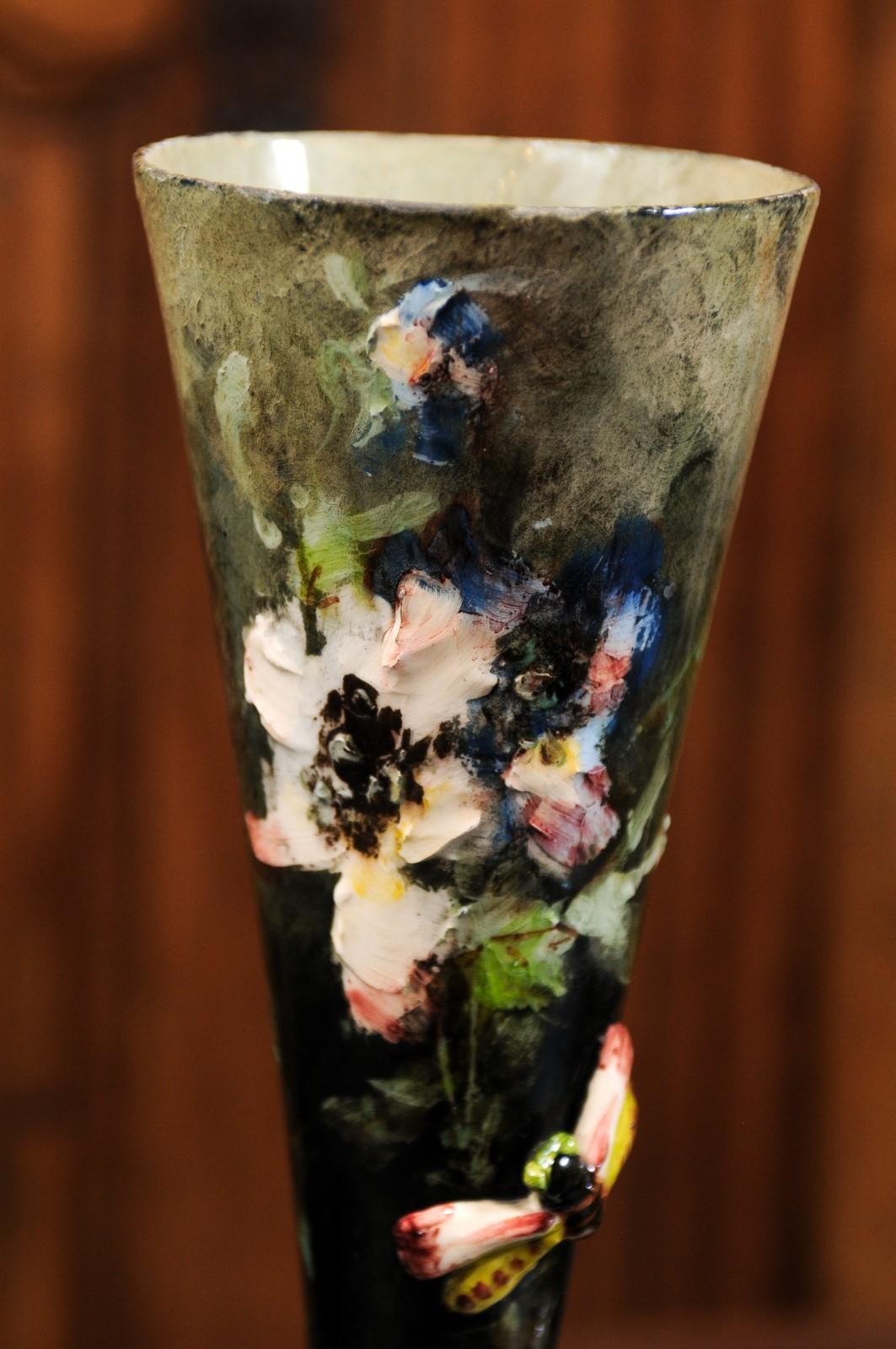 Glazed French 19th Century Majolica Flower Vase from Montigny-sur-Loing with Cherub