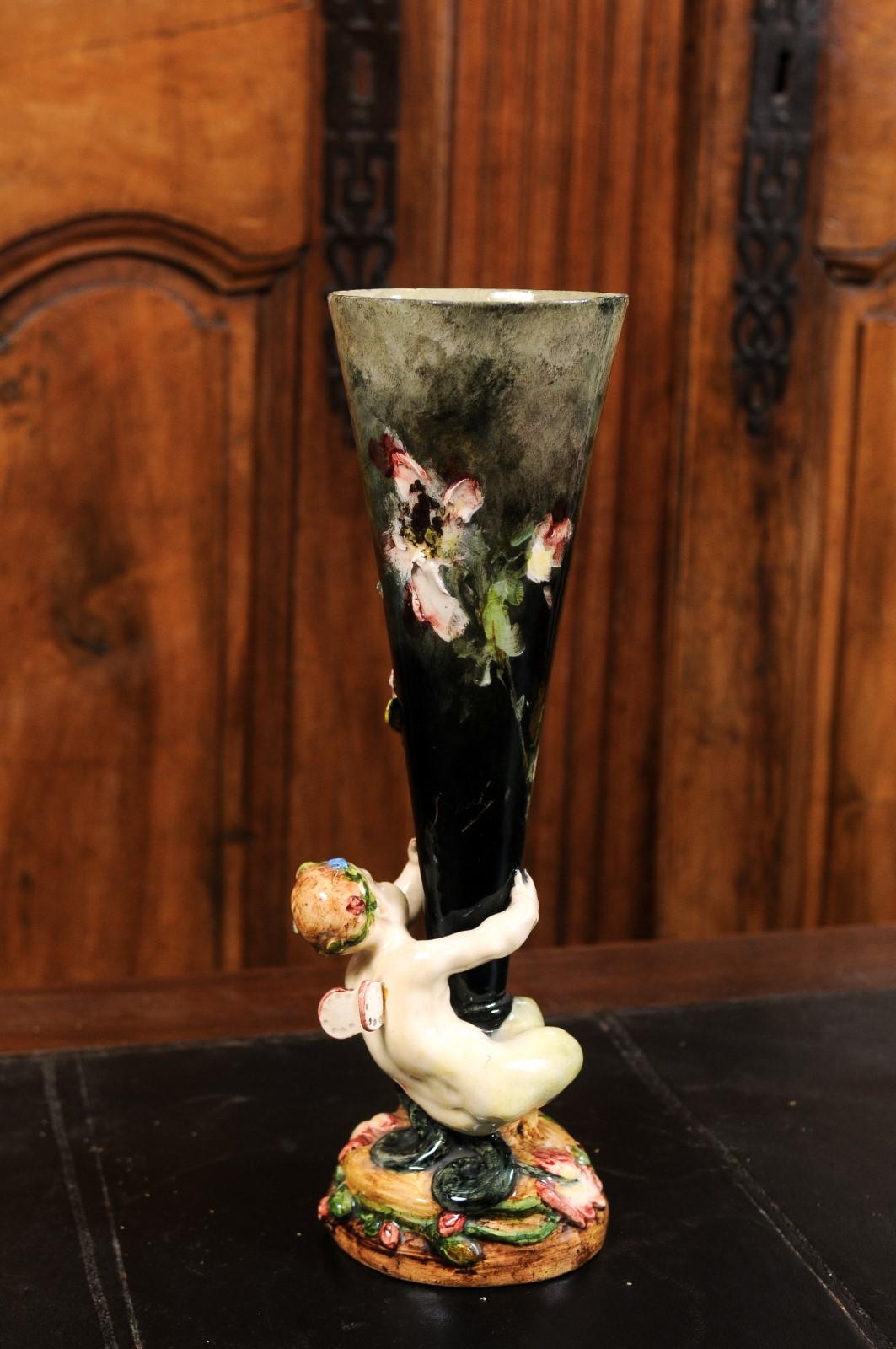 French 19th Century Majolica Flower Vase from Montigny-sur-Loing with Cherub 1