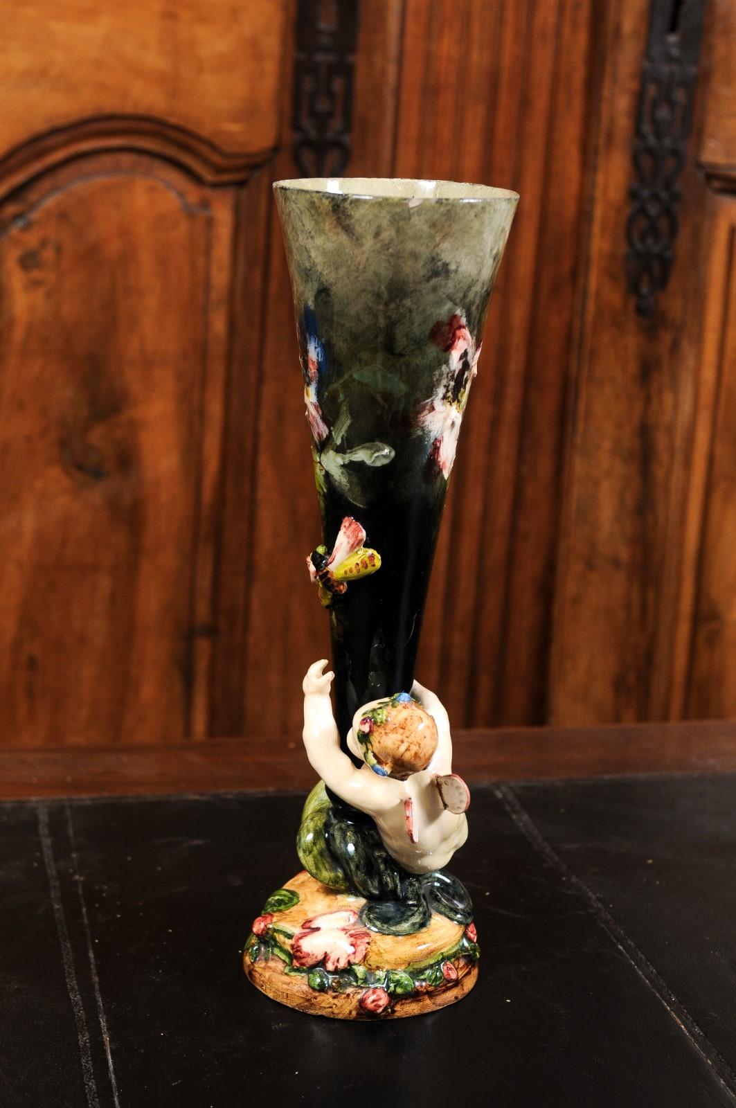 French 19th Century Majolica Flower Vase from Montigny-sur-Loing with Cherub 2