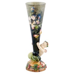 Antique French 19th Century Majolica Flower Vase from Montigny-sur-Loing with Cherub