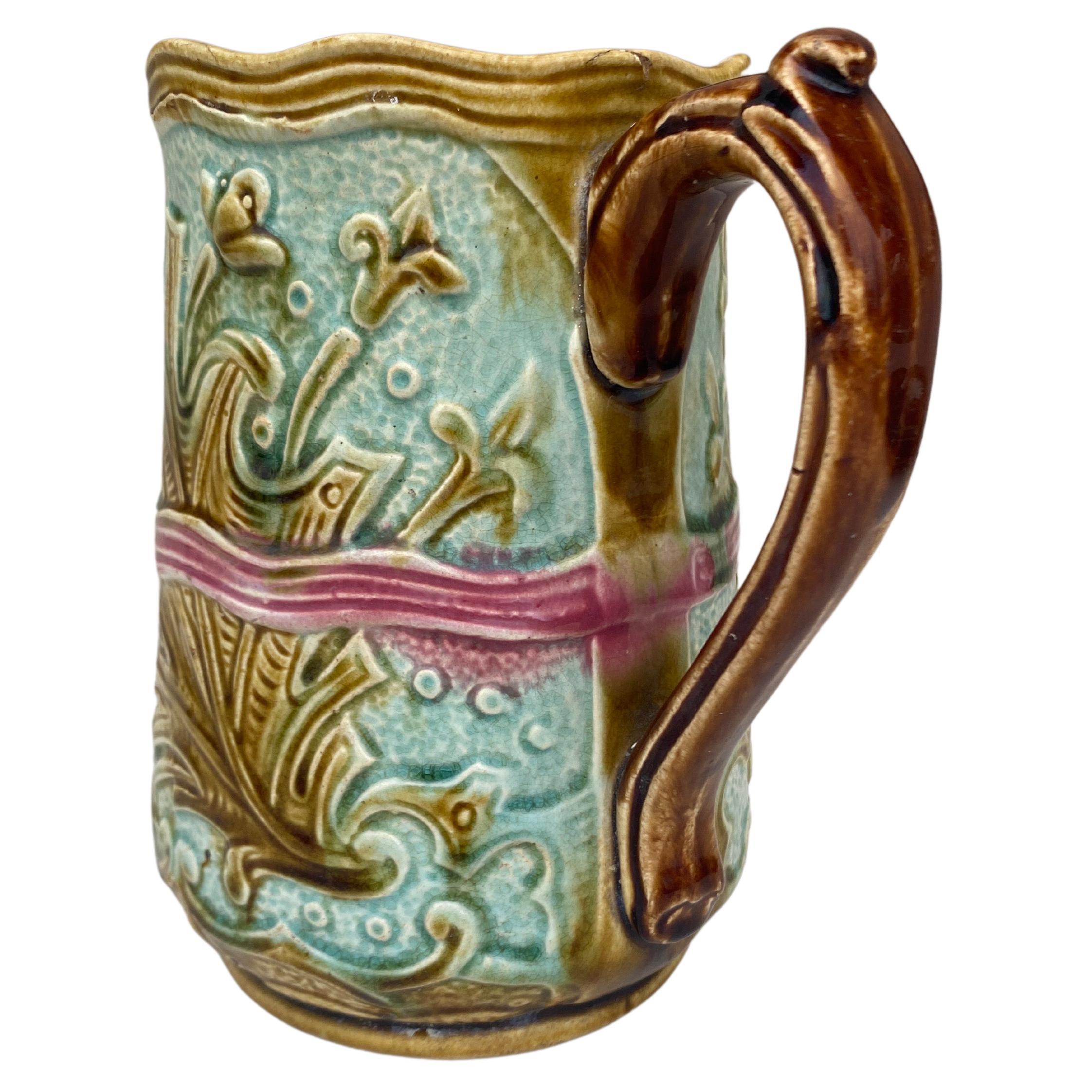 French 19th Century Majolica Leaves Pitcher .
