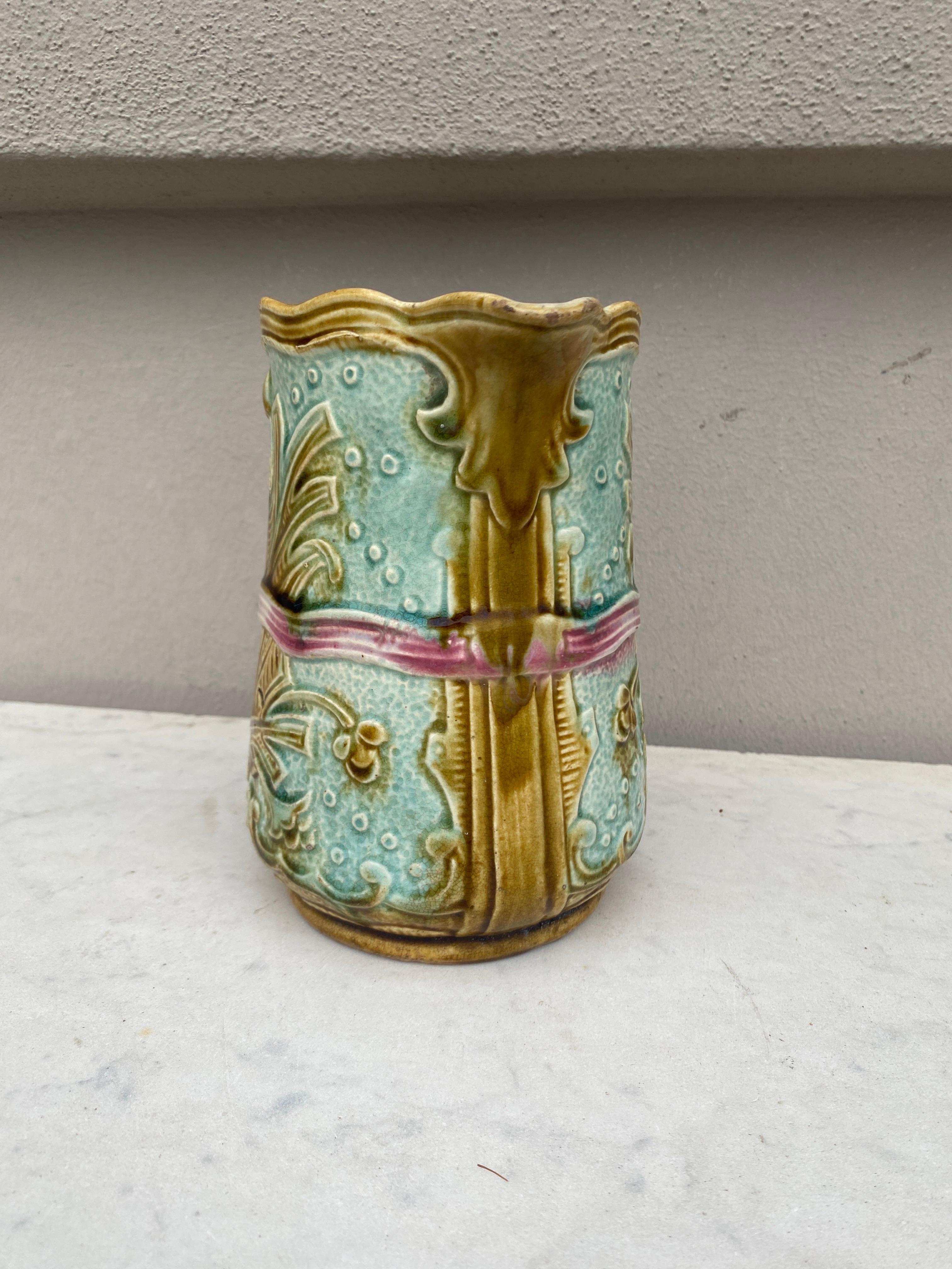 Rustic French 19th Century Majolica Leaves Pitcher  For Sale