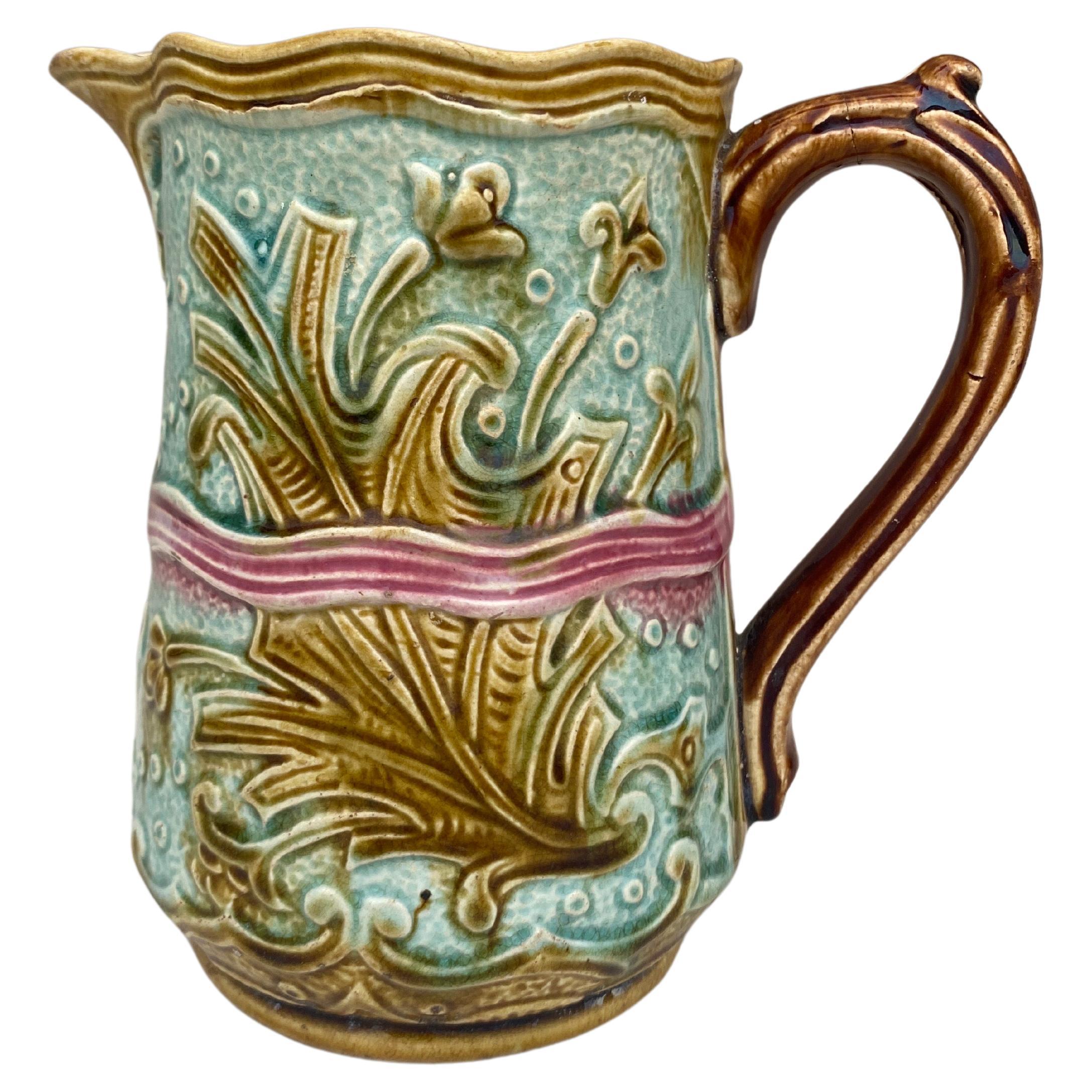 French 19th Century Majolica Leaves Pitcher  For Sale