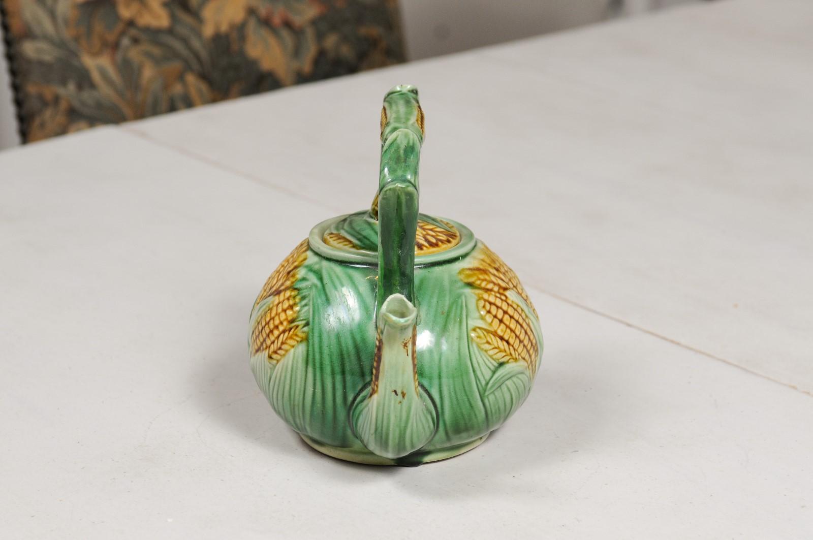 French 19th Century Majolica Lidded Teapot with Green Leaves and Corn Motifs 4