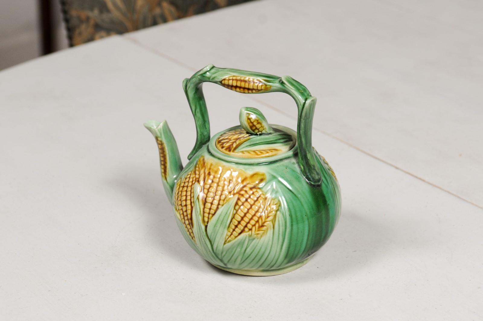 French 19th Century Majolica Lidded Teapot with Green Leaves and Corn Motifs 1