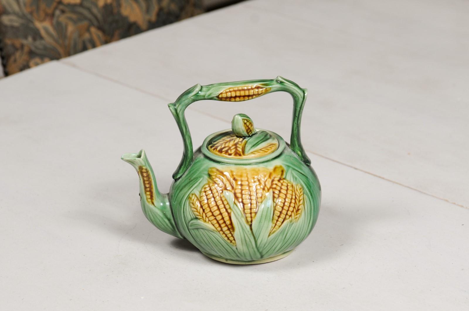 French 19th Century Majolica Lidded Teapot with Green Leaves and Corn Motifs 2