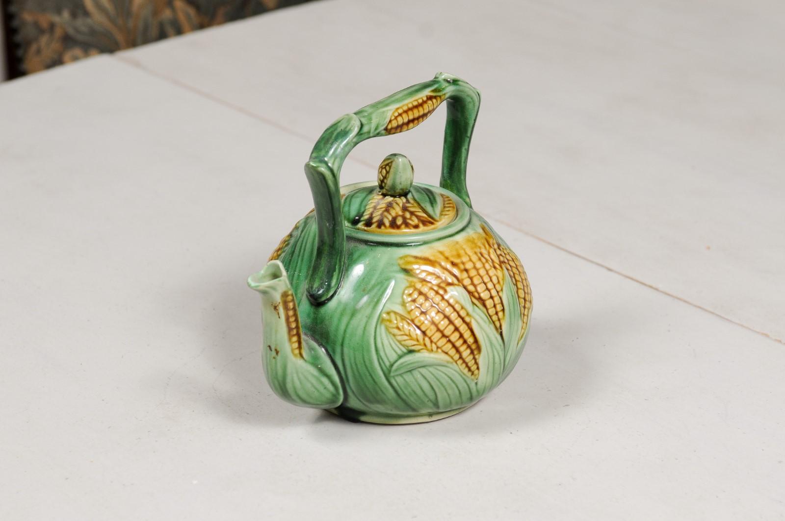 French 19th Century Majolica Lidded Teapot with Green Leaves and Corn Motifs 3