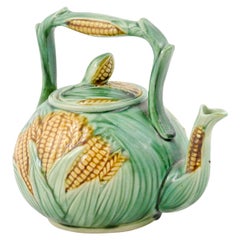 French 19th Century Majolica Lidded Teapot with Green Leaves and Corn Motifs