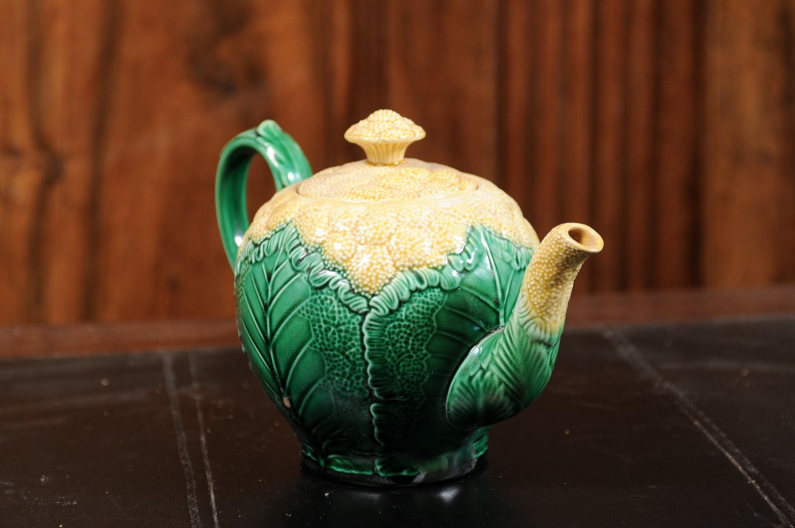 French 19th Century Majolica Light Yellow and Green Cauliflower Lidded Teapot 7