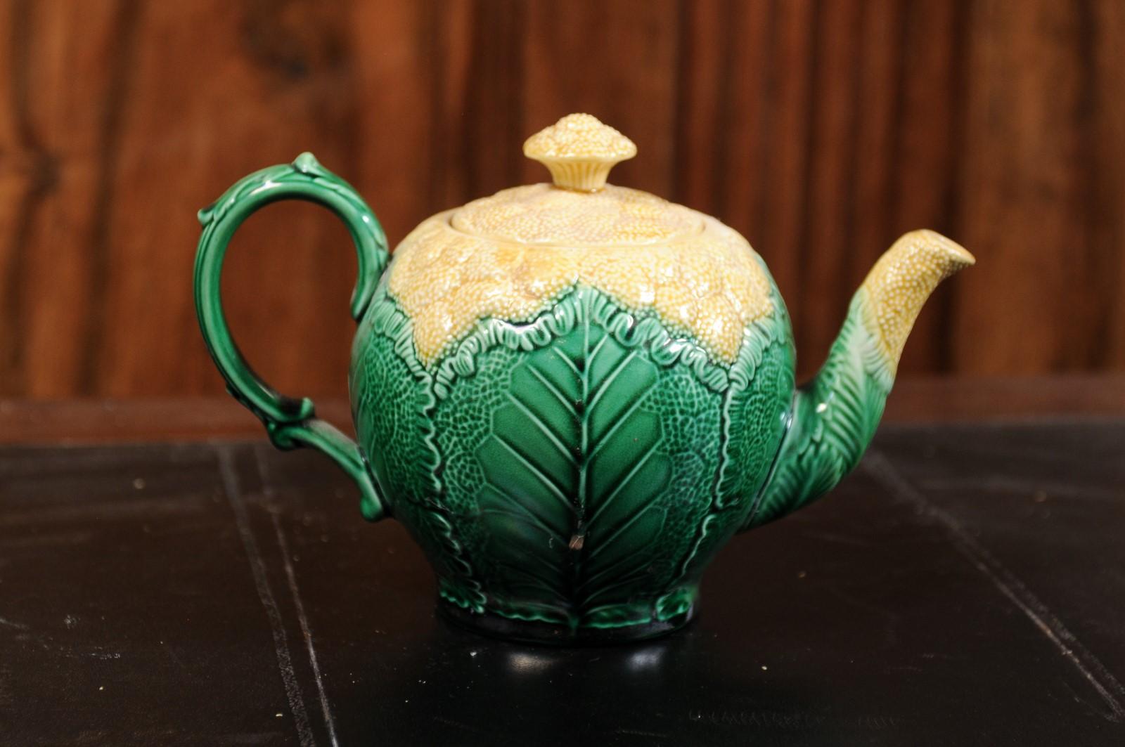 French 19th Century Majolica Light Yellow and Green Cauliflower Lidded Teapot 8