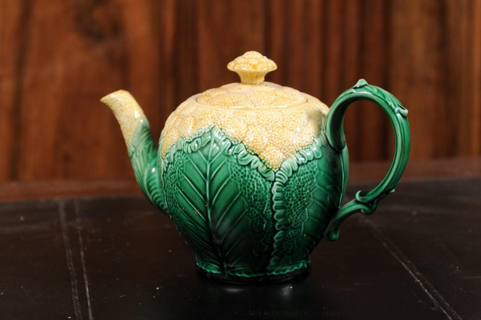 Glazed French 19th Century Majolica Light Yellow and Green Cauliflower Lidded Teapot