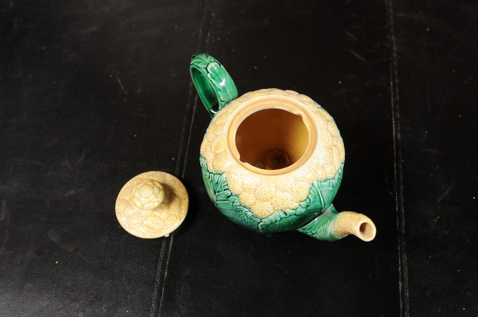 French 19th Century Majolica Light Yellow and Green Cauliflower Lidded Teapot 4